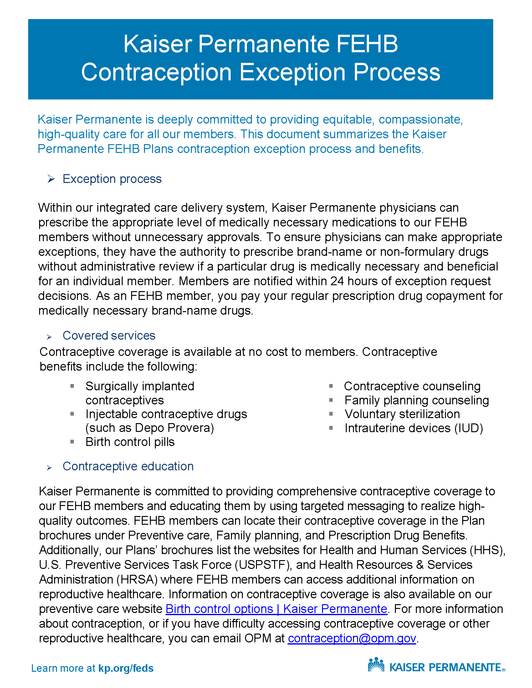 Kaiser Permanente FEHB Contraceptive Exception Overview